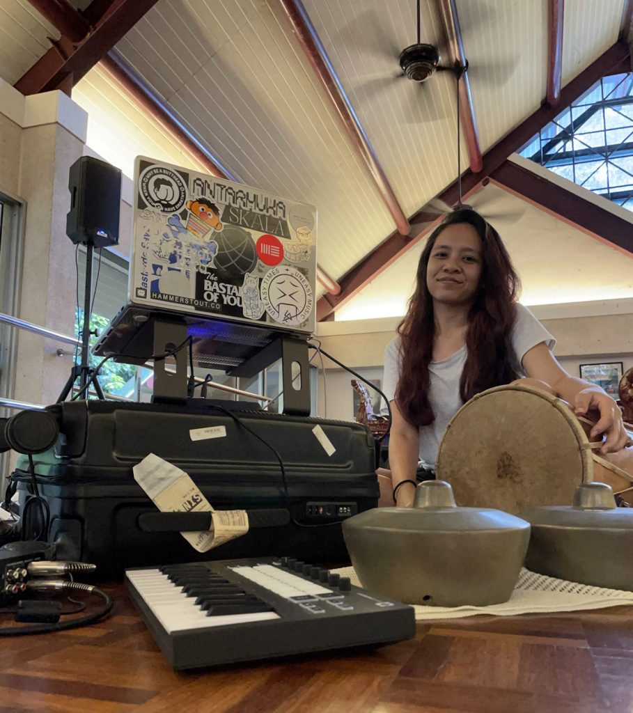 Rosemainy Buang with her sound recording equipment and gamelan, in the dance studio at Rimbun Dahan.