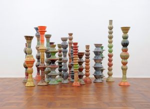 Archipelago, 2016, dimensions variable, Melamine tableware, Puttyfilla, sand, cement and enamel paint