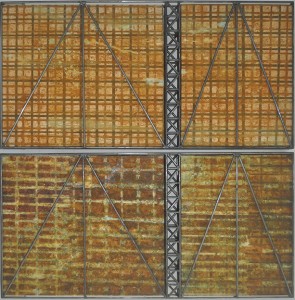 Tentang, 2015, corrosion patina on canvas and steel, 153 x 76.2cm (diptych)