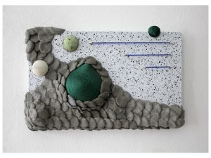 Hapto Tablets 1.0; 5/Series of 5, 2016; 34 x 21.5 x 9cm; Wood, cement, self-adhesive shelf liner, dyed grout, latex glue, crochet thread, hooks