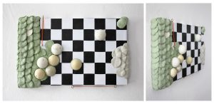 Hapto Tablets 1.0; 4/Series of 5, 2016; 34 x 21 x 5.5cm; Wood, shelf liner, dyed grout, hooks, glue, thread