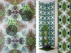 Sterile Jungle; 2014; 61 x 254 x 61cm; Digital collage on synthetic paper, astro turf, plant, artificial plant, 2 sticker hooks, 2 insect repellent coils