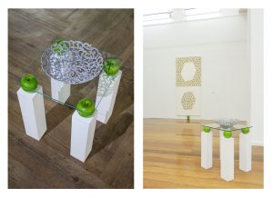 Granny Smith's Table; 2015; 90 x 130 x 90cm; Wood, glass plate, fruit basket, spray paints, 4 artificial apples, Granny Smith's stickers