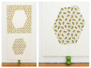 Apples & Pineapples; 2015; 90 x 223 x 8.5; Printed fabric, acrylic paint, artificial apples, permanent marker