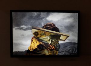 Crossing the Rubicon, 2015, collage on backlit film, lightbox, 20 x 30 in