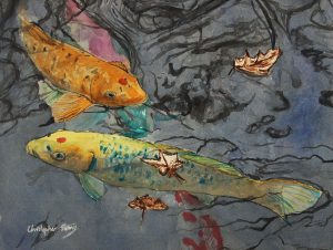 Colourful fish in crowded pond, watercolour on paper, 2016