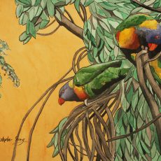 Parrots and an orange and mango sky, watercolour on paper, 2016