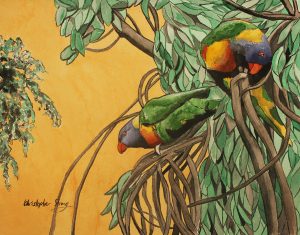 Parrots and an orange and mango sky, watercolour on paper, 2016