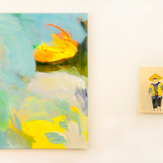 left: Souvenir: Tropical Fruits of Malaysia 2015, oil on canvas. right: In Thailand I got a girl in every club 2015, oil on canvas board.